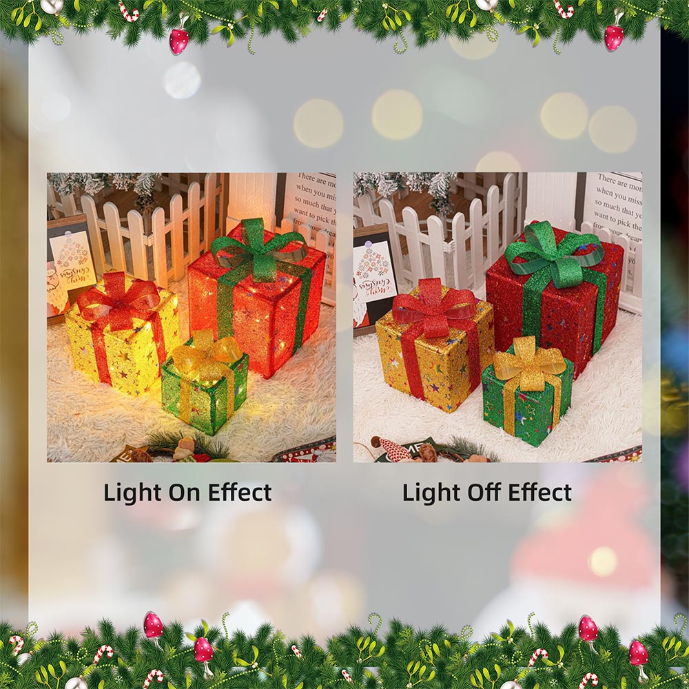 3 Pieces Foldable Christmas Decorations Lighted Gift Boxes with Multi-Color String Lights | ZAKAPOP