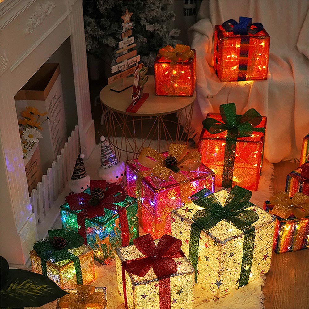 3 Pieces Foldable Christmas Decorations Lighted Gift Boxes with Multi-Color String Lights | ZAKAPOP