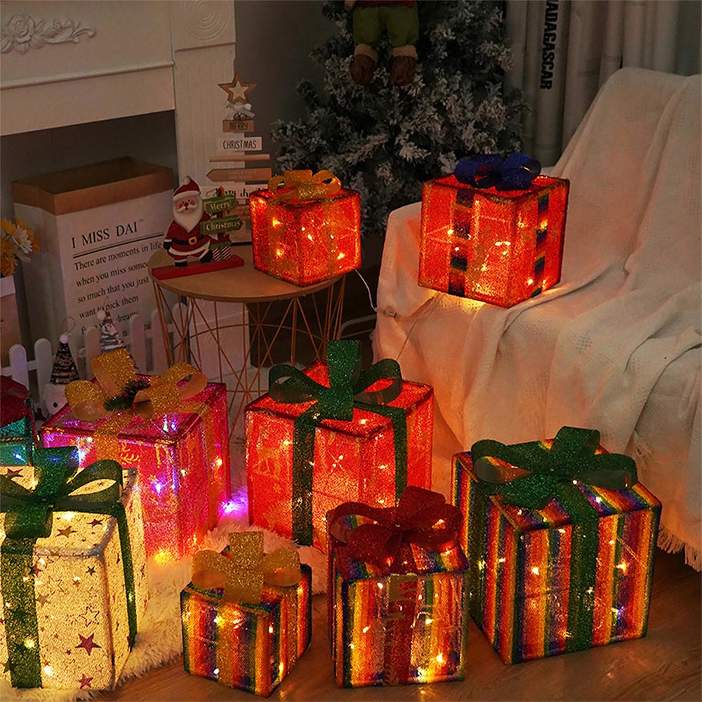 3 Pieces Foldable Christmas Decorations Lighted Gift Boxes with Multi-Color String Lights | ZAKAPOP